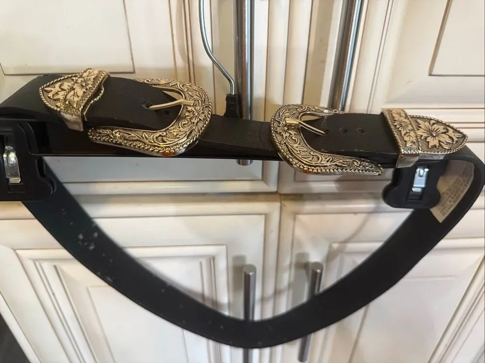 Western Equestrian Women's Beautiful Statement Double Buckle Black Suede Belt